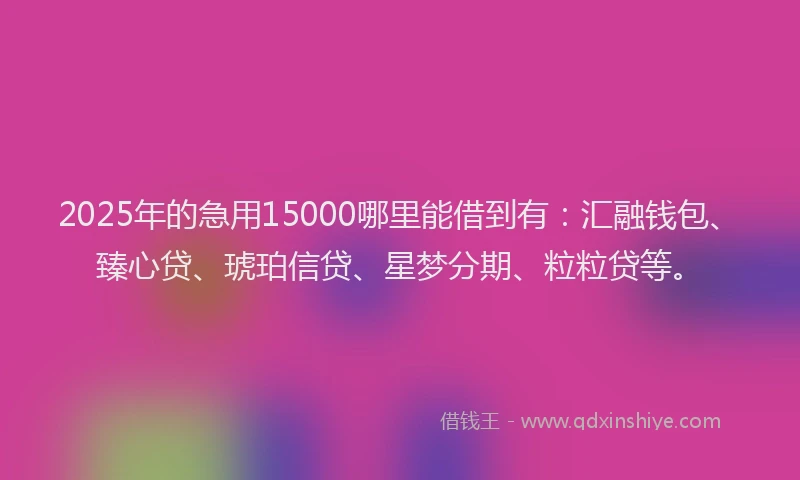 2025年的急用15000哪里能借到有：汇融钱包、臻心贷、琥珀信贷、星梦分期、粒粒贷等。