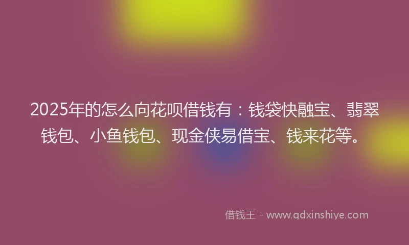 2025年的怎么向花呗借钱有：钱袋快融宝、翡翠钱包、小鱼钱包、现金侠易借宝、钱来花等。
