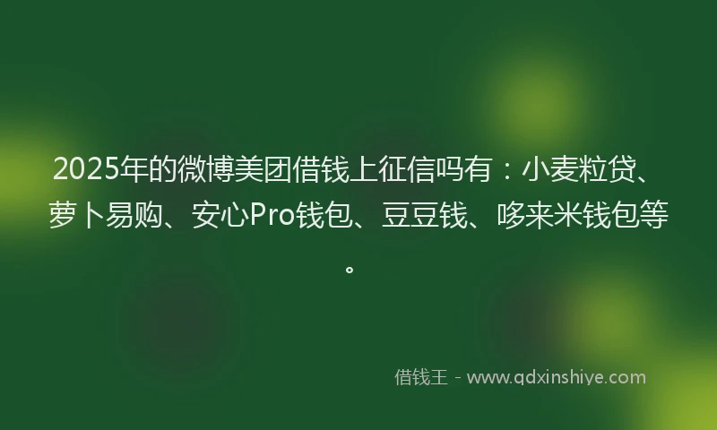 2025年的微博美团借钱上征信吗有：小麦粒贷、萝卜易购、安心Pro钱包、豆豆钱、哆来米钱包等。