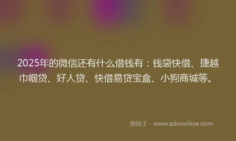 2025年的微信还有什么借钱有：钱袋快借、捷越巾帼贷、好人贷、快借易贷宝盒、小狗商城等。