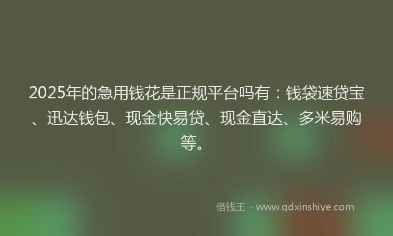 2025年的急用钱花是正规平台吗有：钱袋速贷宝、迅达钱包、现金快易贷、现金直达、多米易购等。