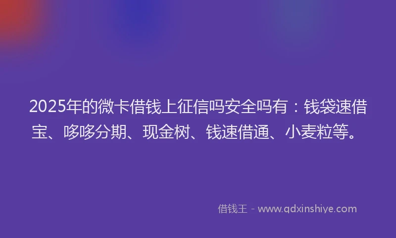 2025年的微卡借钱上征信吗安全吗有:钱袋速借宝、哆哆分期、现金树、钱速借通、小麦粒等。