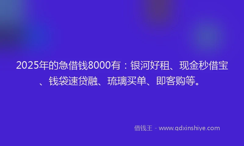 2025年的急借钱8000有：银河好租、现金秒借宝、钱袋速贷融、琉璃买单、即客购等。