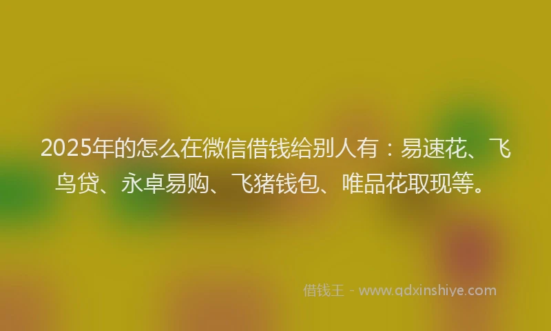 2025年的怎么在微信借钱给别人有：易速花、飞鸟贷、永卓易购、飞猪钱包、唯品花取现等。