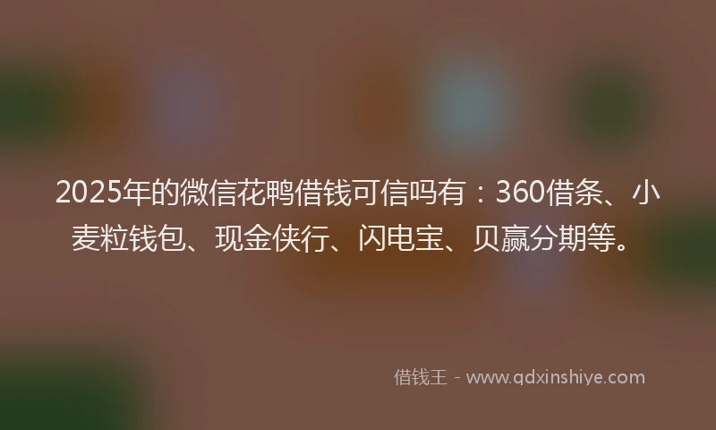2025年的微信花鸭借钱可信吗有：360借条、小麦粒钱包、现金侠行、闪电宝、贝赢分期等。