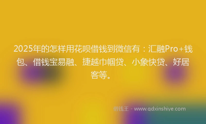 2025年的怎样用花呗借钱到微信有：汇融Pro+钱包、借钱宝易融、捷越巾帼贷、小象快贷、好居客等。