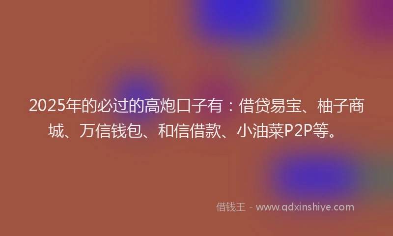 2025年的必过的高炮口子有：借贷易宝、柚子商城、万信钱包、和信借款、小油菜P2P等。