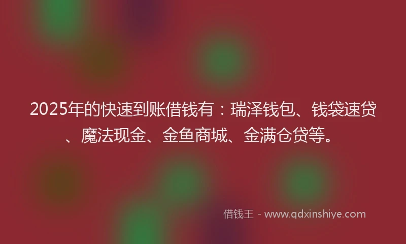 2025年的快速到账借钱有：瑞泽钱包、钱袋速贷、魔法现金、金鱼商城、金满仓贷等。