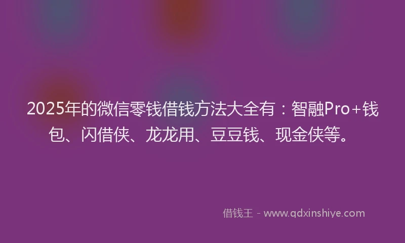 2025年的微信零钱借钱方法大全有：智融Pro+钱包、闪借侠、龙龙用、豆豆钱、现金侠等。