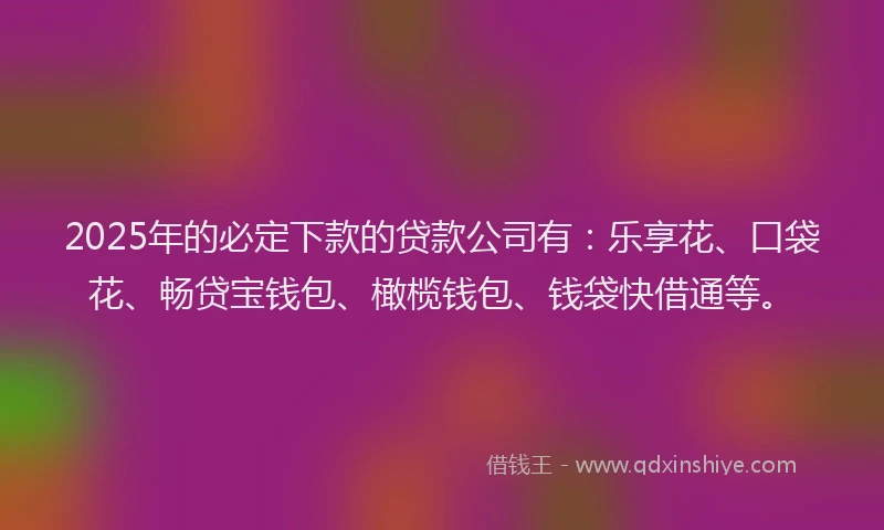 2025年的必定下款的贷款公司有：乐享花、口袋花、畅贷宝钱包、橄榄钱包、钱袋快借通等。