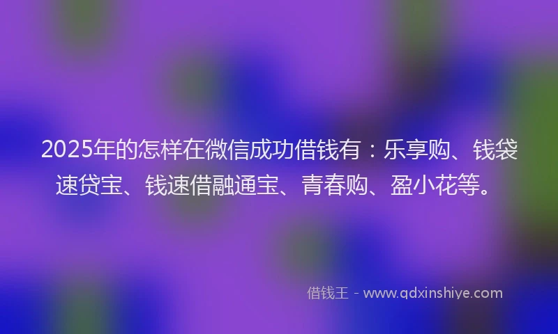 2025年的怎样在微信成功借钱有：乐享购、钱袋速贷宝、钱速借融通宝、青春购、盈小花等。
