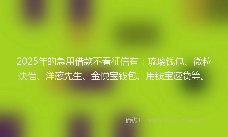 2025年的急用借款不看征信有：琉璃钱包、微粒快借、洋葱先生、金悦宝钱包、用钱宝速贷等。