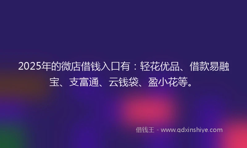 2025年的微店借钱入口有：轻花优品、借款易融宝、支富通、云钱袋、盈小花等。