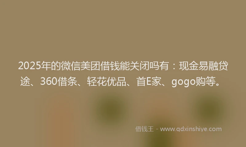 2025年的微信美团借钱能关闭吗有：现金易融贷途、360借条、轻花优品、首E家、gogo购等。