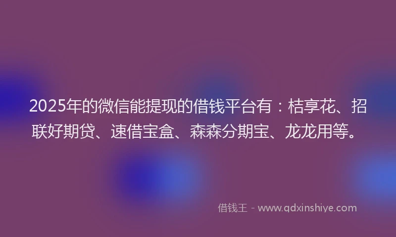 2025年的微信能提现的借钱平台有：桔享花、招联好期贷、速借宝盒、森森分期宝、龙龙用等。