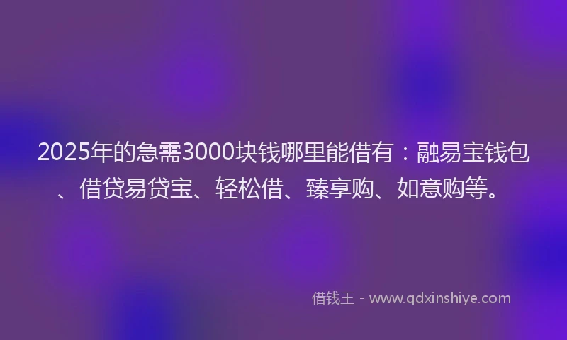 2025年的急需3000块钱哪里能借有：融易宝钱包、借贷易贷宝、轻松借、臻享购、如意购等。