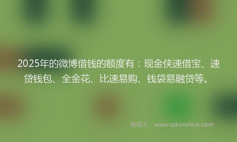 2025年的微博借钱的额度有：现金侠速借宝、速贷钱包、全金花、比速易购、钱袋易融贷等。