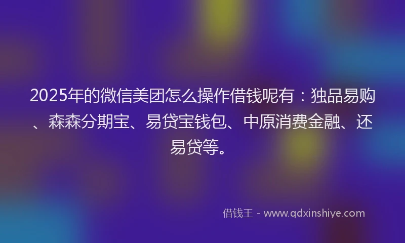2025年的微信美团怎么操作借钱呢有：独品易购、森森分期宝、易贷宝钱包、中原消费金融、还易贷等。