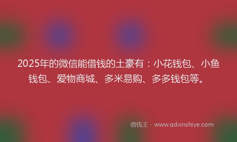 2025年的微信能借钱的土豪有：小花钱包、小鱼钱包、爱物商城、多米易购、多多钱包等。