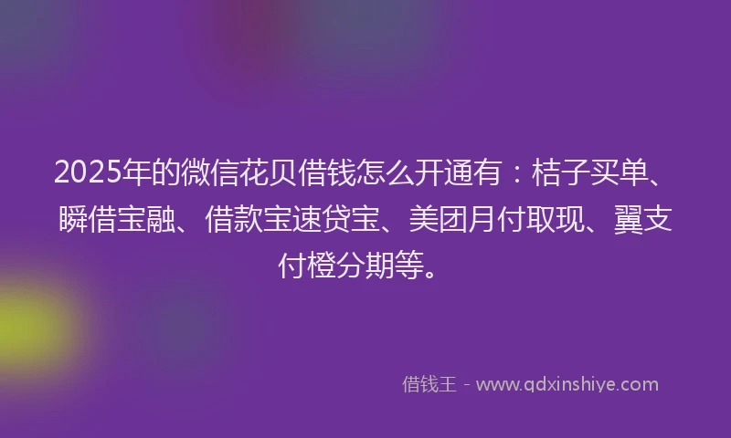 2025年的微信花贝借钱怎么开通有：桔子买单、瞬借宝融、借款宝速贷宝、美团月付取现、翼支付橙分期等。