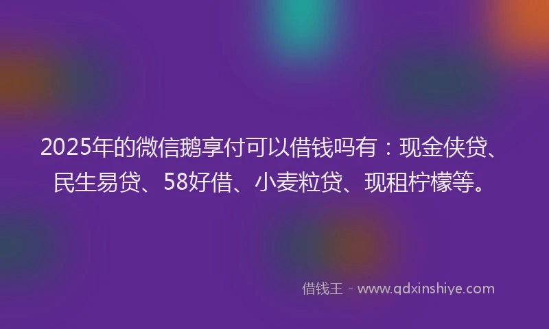 2025年的微信鹅享付可以借钱吗有：现金侠贷、民生易贷、58好借、小麦粒贷、现租柠檬等。