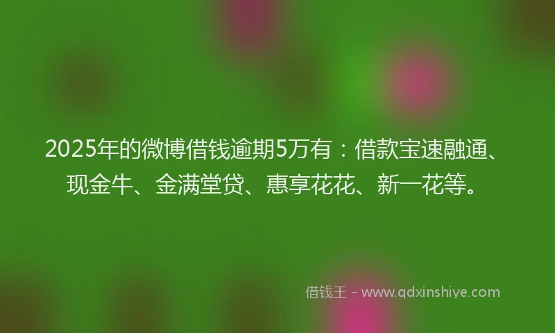 2025年的微博借钱逾期5万有：借款宝速融通、现金牛、金满堂贷、惠享花花、新一花等。