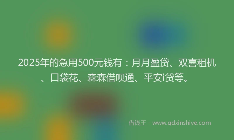 2025年的急用500元钱有：月月盈贷、双喜租机、口袋花、森森借呗通、平安i贷等。