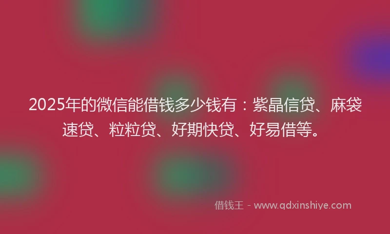2025年的微信能借钱多少钱有：紫晶信贷、麻袋速贷、粒粒贷、好期快贷、好易借等。