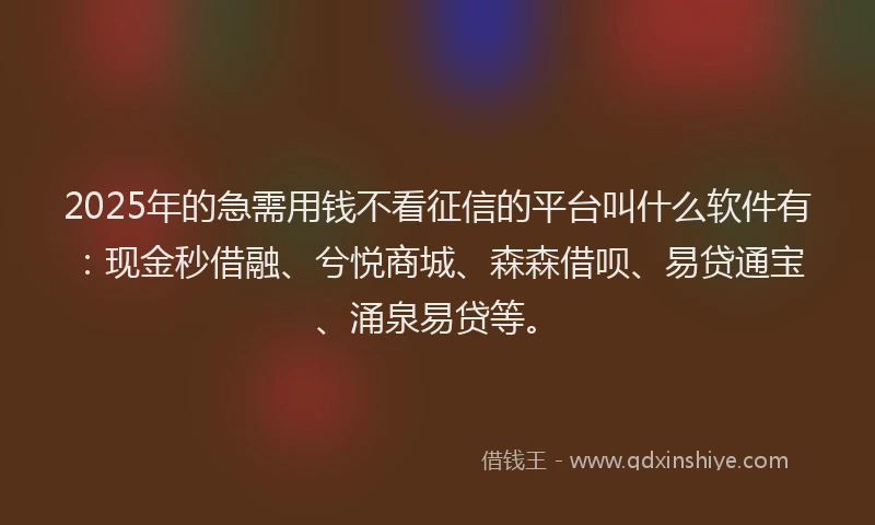 2025年的急需用钱不看征信的平台叫什么软件有：现金秒借融、兮悦商城、森森借呗、易贷通宝、涌泉易贷等。