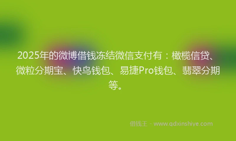 2025年的微博借钱冻结微信支付有：橄榄信贷、微粒分期宝、快鸟钱包、易捷Pro钱包、翡翠分期等。