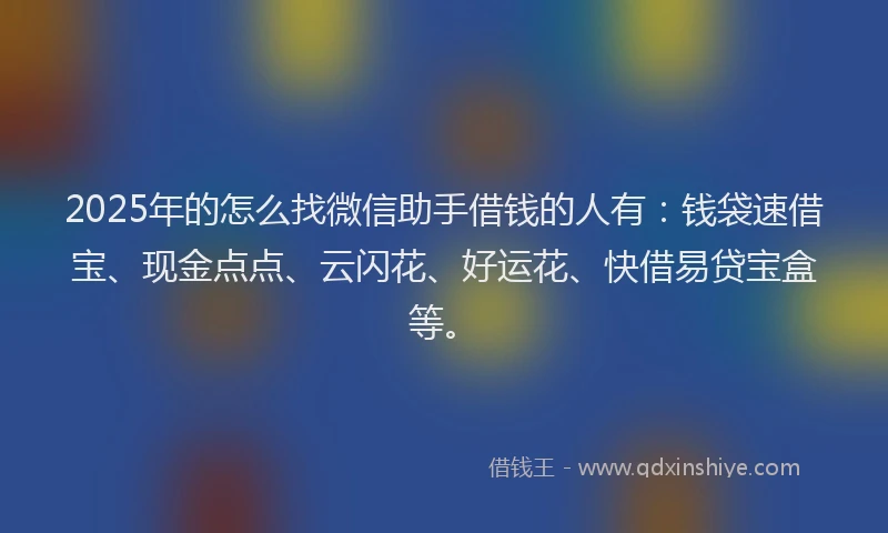 2025年的怎么找微信助手借钱的人有：钱袋速借宝、现金点点、云闪花、好运花、快借易贷宝盒等。