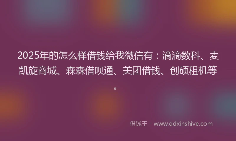 2025年的怎么样借钱给我微信有：滴滴数科、麦凯旋商城、森森借呗通、美团借钱、创硕租机等。