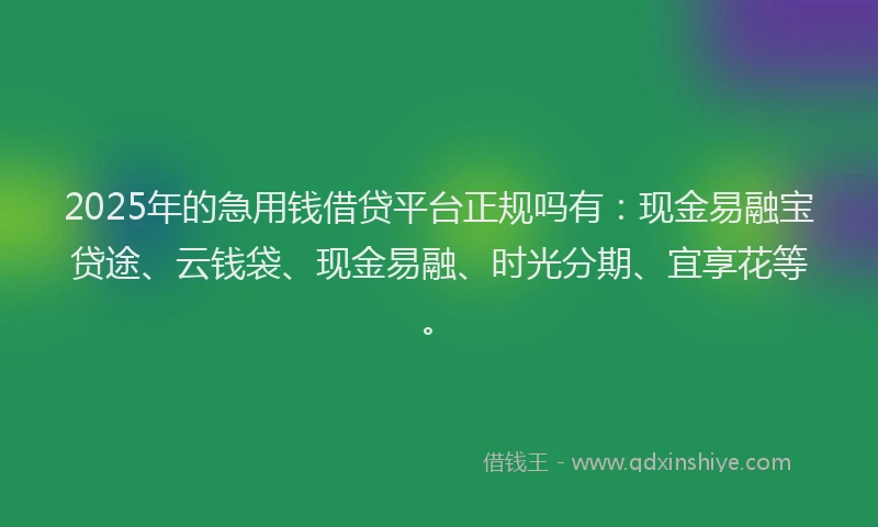 2025年的急用钱借贷平台正规吗有：现金易融宝贷途、云钱袋、现金易融、时光分期、宜享花等。