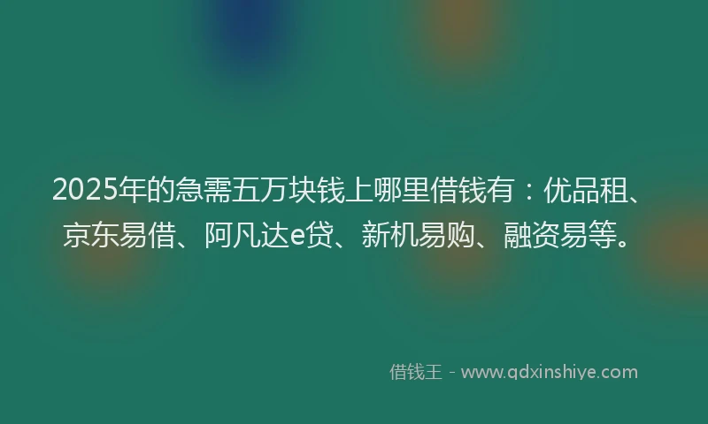 2025年的急需五万块钱上哪里借钱有:优品租、京东易借、阿凡达e贷、新机易购、融资易等。