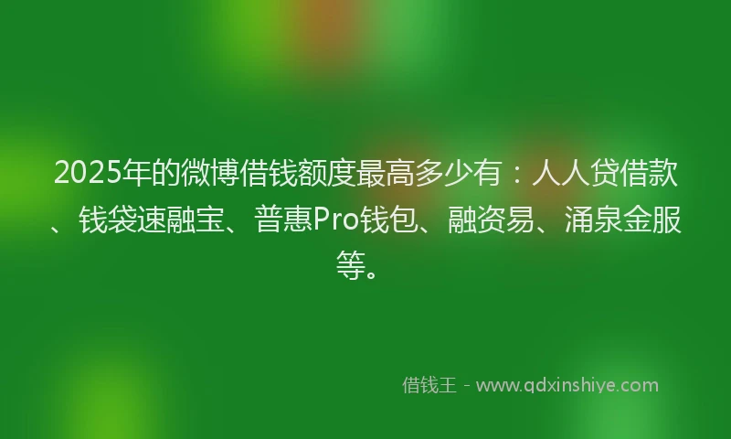 2025年的微博借钱额度最高多少有：人人贷借款、钱袋速融宝、普惠Pro钱包、融资易、涌泉金服等。