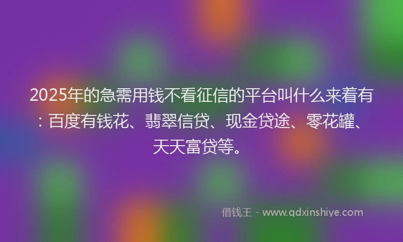 2025年的急需用钱不看征信的平台叫什么来着有：百度有钱花、翡翠信贷、现金贷途、零花罐、天天富贷等。