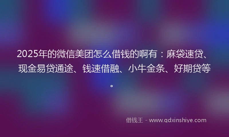 2025年的微信美团怎么借钱的啊有：麻袋速贷、现金易贷通途、钱速借融、小牛金条、好期贷等。