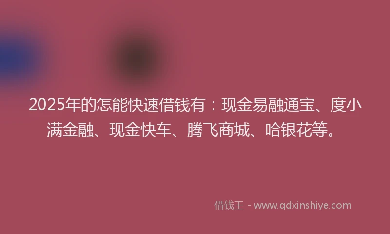 2025年的怎能快速借钱有：现金易融通宝、度小满金融、现金快车、腾飞商城、哈银花等。