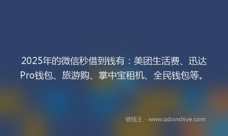 2025年的微信秒借到钱有：美团生活费、迅达Pro钱包、旅游购、掌中宝租机、全民钱包等。