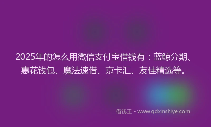2025年的怎么用微信支付宝借钱有：蓝鲸分期、惠花钱包、魔法速借、京卡汇、友佳精选等。