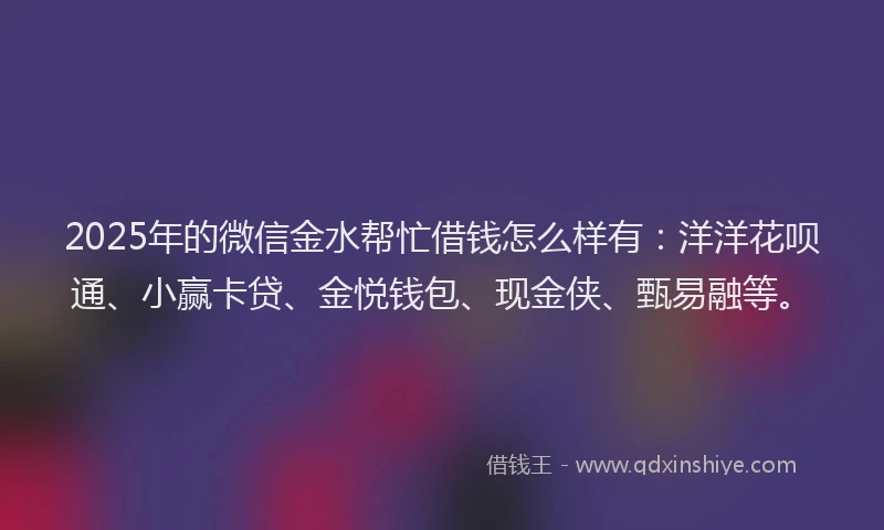 2025年的微信金水帮忙借钱怎么样有：洋洋花呗通、小赢卡贷、金悦钱包、现金侠、甄易融等。