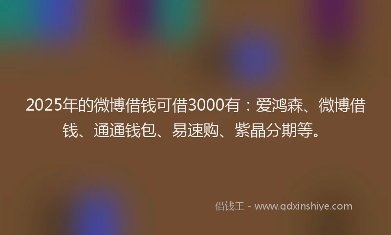 2025年的微博借钱可借3000有：爱鸿森、微博借钱、通通钱包、易速购、紫晶分期等。