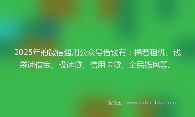 2025年的微信通用公众号借钱有：橘若租机、钱袋速借宝、极速贷、信用卡贷、全民钱包等。