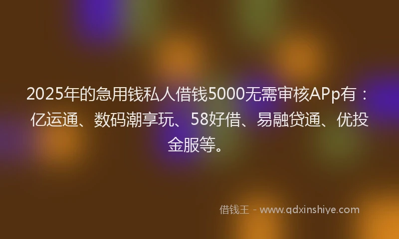 2025年的急用钱私人借钱5000无需审核APp有：亿运通、数码潮享玩、58好借、易融贷通、优投金服等。
