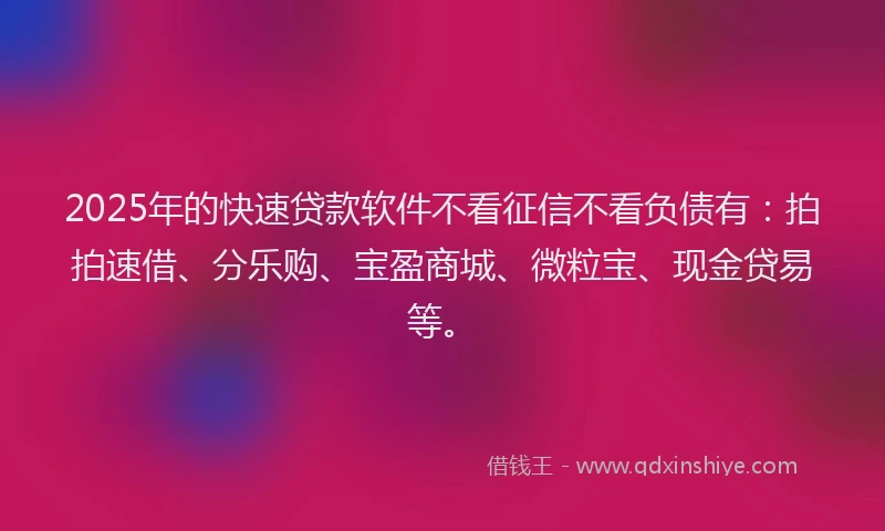 2025年的快速贷款软件不看征信不看负债有：拍拍速借、分乐购、宝盈商城、微粒宝、现金贷易等。