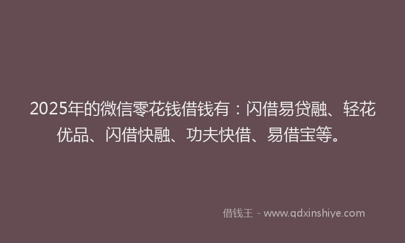 2025年的微信零花钱借钱有：闪借易贷融、轻花优品、闪借快融、功夫快借、易借宝等。