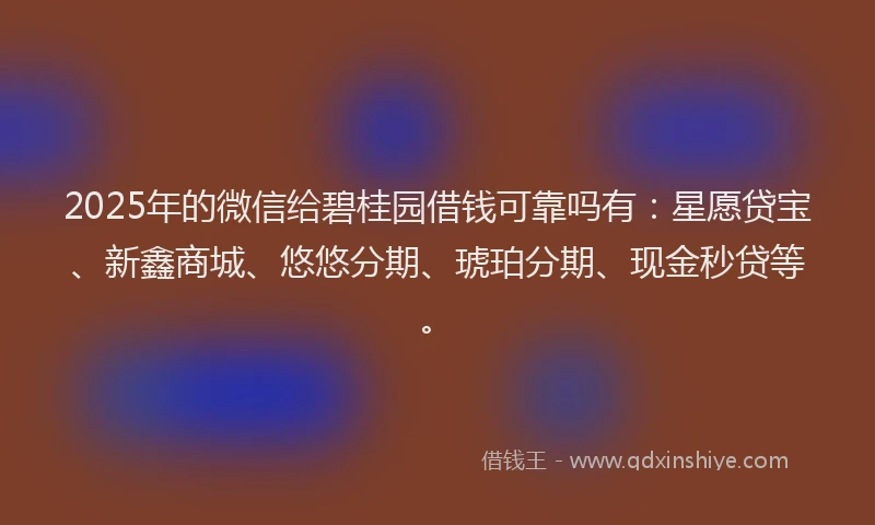 2025年的微信给碧桂园借钱可靠吗有：星愿贷宝、新鑫商城、悠悠分期、琥珀分期、现金秒贷等。