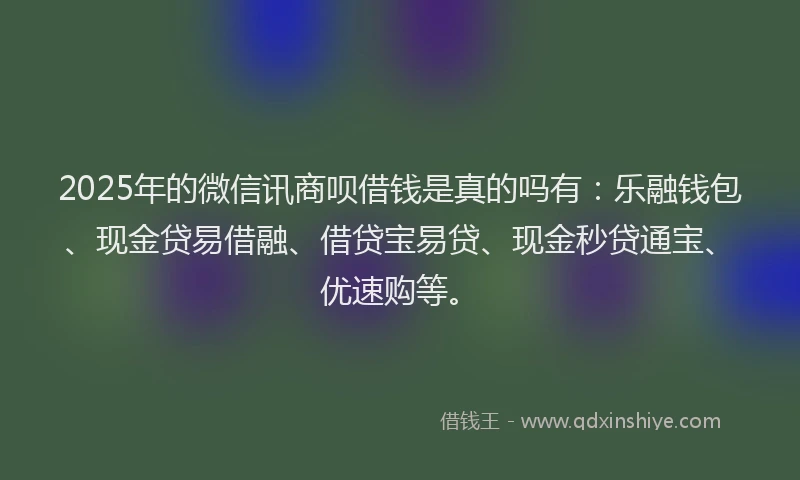 2025年的微信讯商呗借钱是真的吗有：乐融钱包、现金贷易借融、借贷宝易贷、现金秒贷通宝、优速购等。