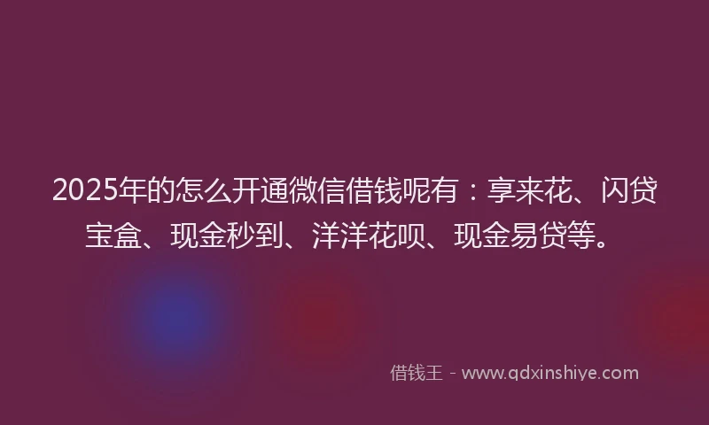 2025年的怎么开通微信借钱呢有：享来花、闪贷宝盒、现金秒到、洋洋花呗、现金易贷等。