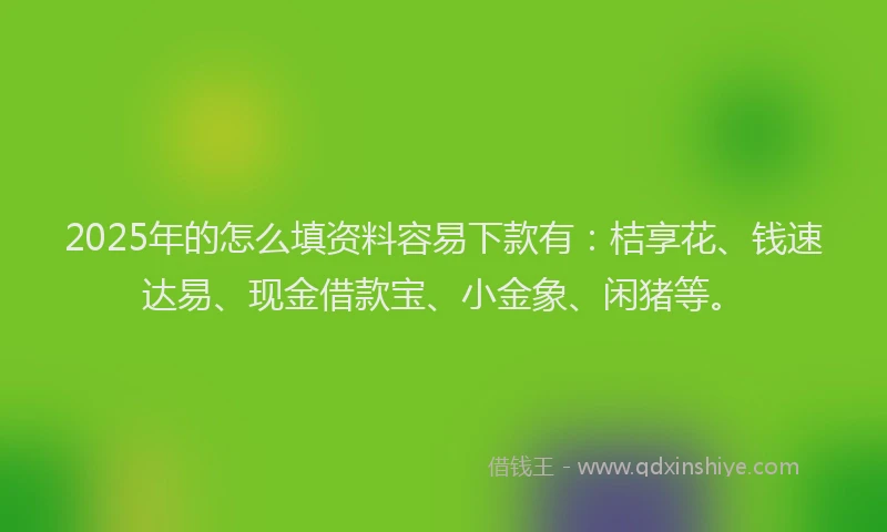 2025年的怎么填资料容易下款有：桔享花、钱速达易、现金借款宝、小金象、闲猪等。